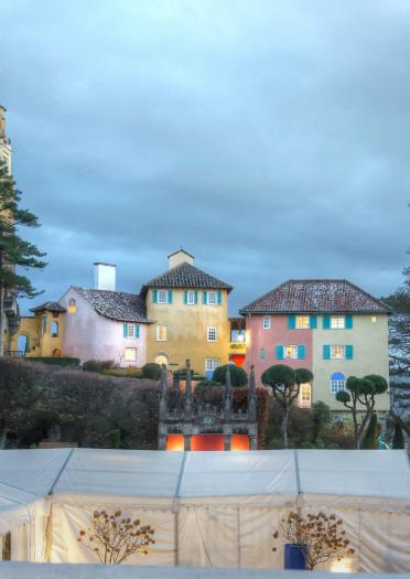 Evening view of tents for the craft fair at Portmeirion.