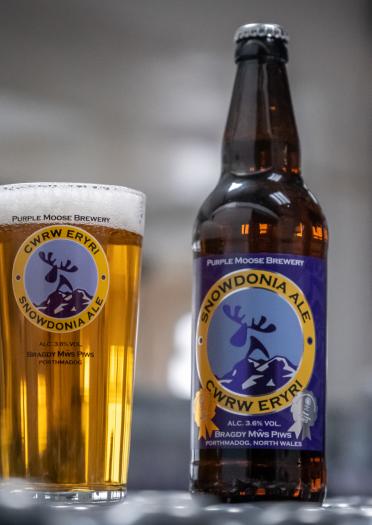 A glass of Purple Moose Snowdonia Ale sitting next to its bottle.