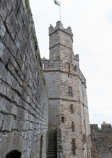 Burgmauer im Vordergrund mit Turm im Hintergrund.
