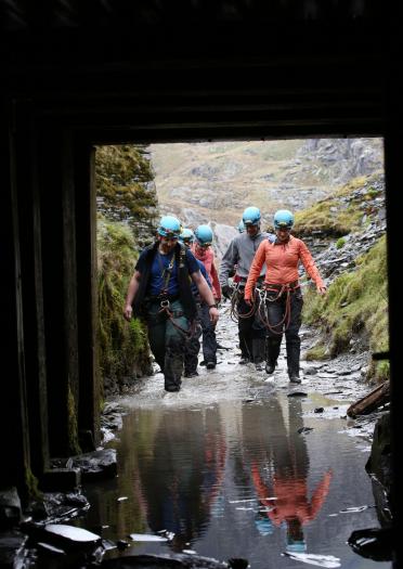 Adventure seekers at the entrance to the Go Below Xtreme experience at the Cwmorthin Mine, Tanygrisiau