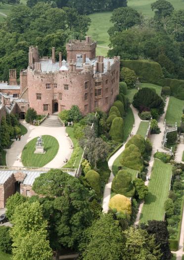 Aerial view of Powis Castle and the terraced gardens.