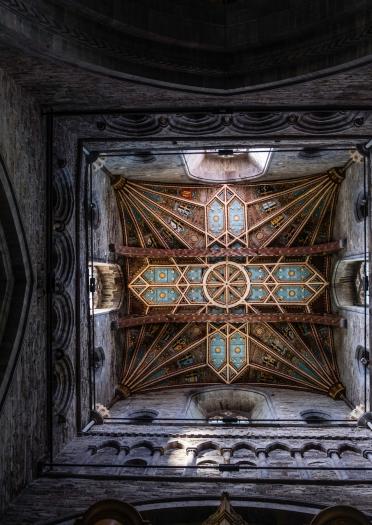 Image of a part of the St Davids Cathedral ceiling with ornate detail.