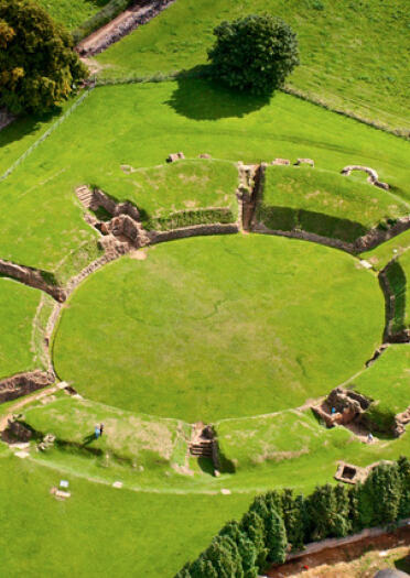Aerial shot of the ruins of a Roman amphitheatre