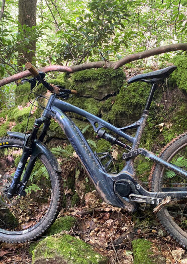 A mountain ebike leaning against mossy rocks.