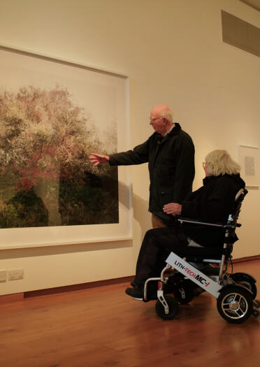 A lady in a wheelchair and a man standing up looking at a painting of flowers.