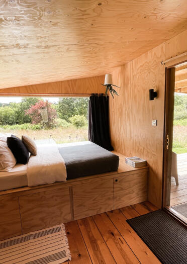 interior of wooden cabin.