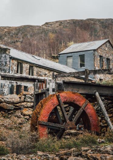 mine buildings and old water wheel.