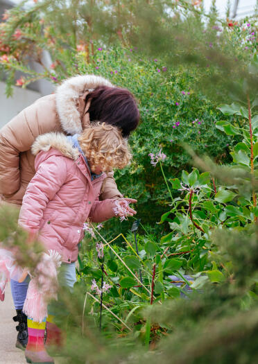 A woman and child touching plants in a sensory garden.