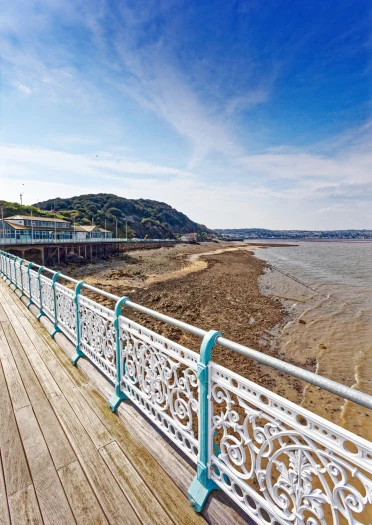 rhan o'r llwybr bwrdd a'r rheiliau pier, gyda golygfa o'r traeth a'r bryn yn y cefndir.