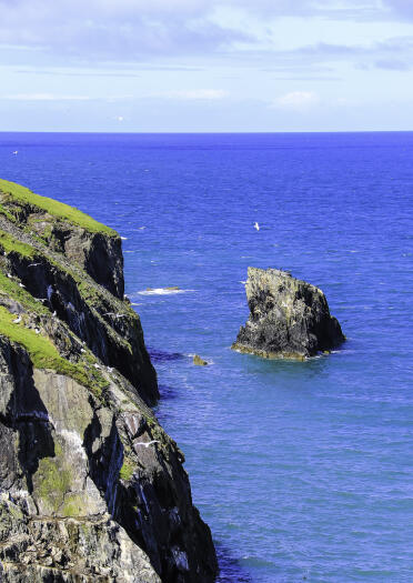 Cliff top views over a deep blue sea. 
