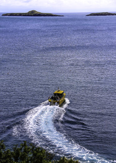 A yellow boat heading towards an island.