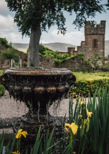 A fountain with yellow iris in the pond, in a garden with a castle tower in the background.