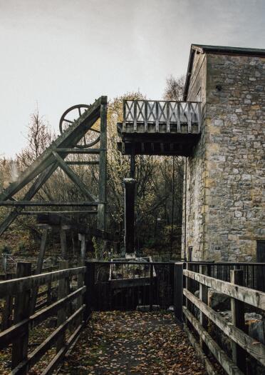 Stone mine tower and wooden winching apparatus.