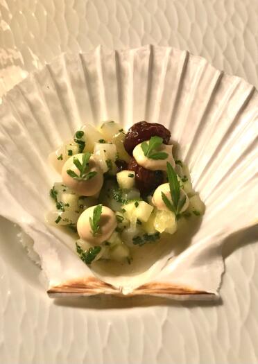 A scallop shell containing small scallops, apple and raisins.
