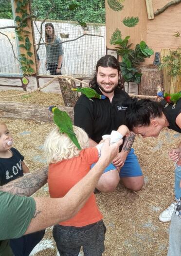group of children and adults with Lorikeets in Lorikeet walkthrough.