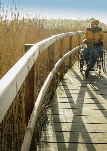 A woman using a wheelchair on a broadwalk through a nature reserve..