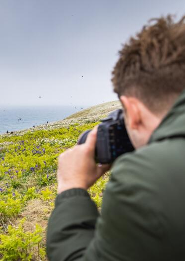 man taking photos of birds.