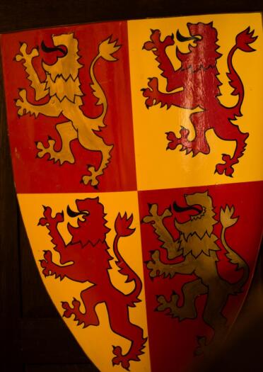 Shield of Owain Glyndŵr with yellow and red squares and lions