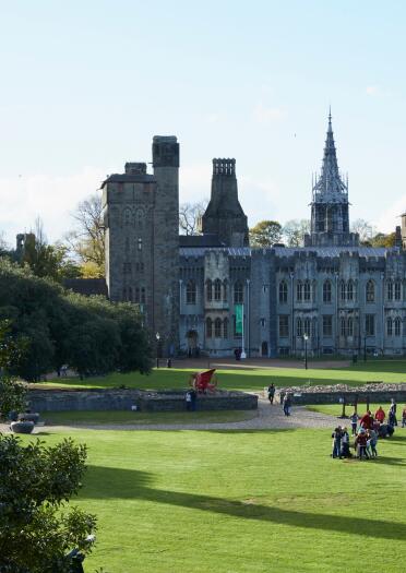 public square of Cardiff Castle with building in distance.