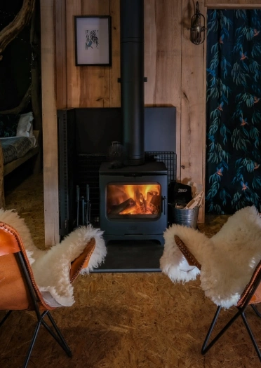 Two armchairs in front of log fire