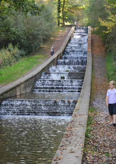 cascade with people walking.