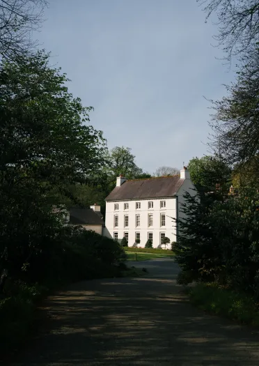 A stately white mansion with three floors and numerous windows, nestled among dense foliage and trees on a sunny day.