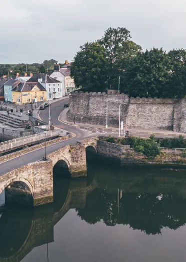 river and bridge and castle, viewed from above.