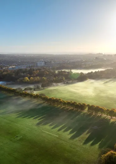 Aerial landscape of playing fields with mist across the green