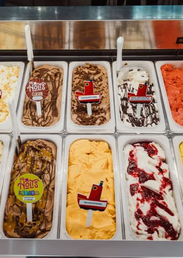 A display counter filled with trays of brightly coloured gelato, showing a variety of flavours including chocolate, vanilla, fruit sorbets and mixed combinations.