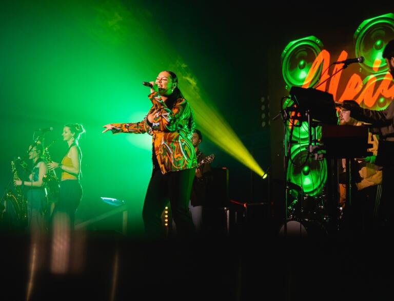 Band auf der Bühne bei einer Live-Musikvorstellung in grünem Licht.