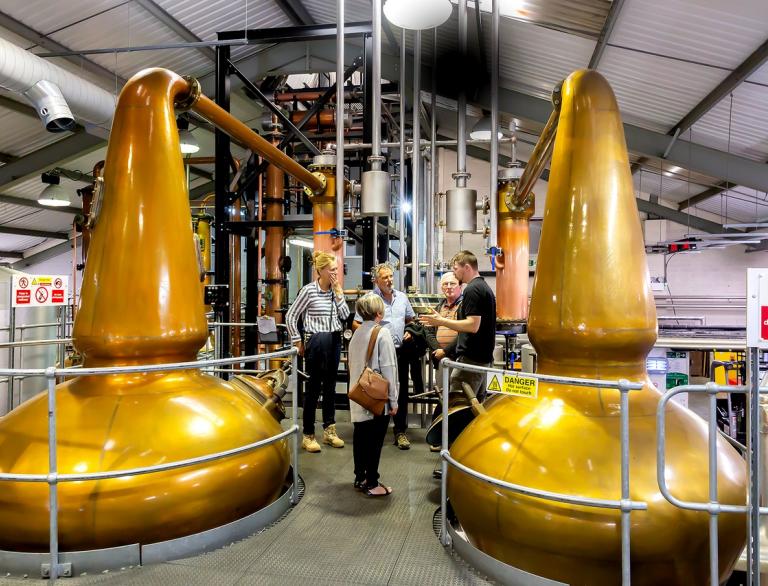 A group of people taking a tour of a distillery, next to two golden vats.