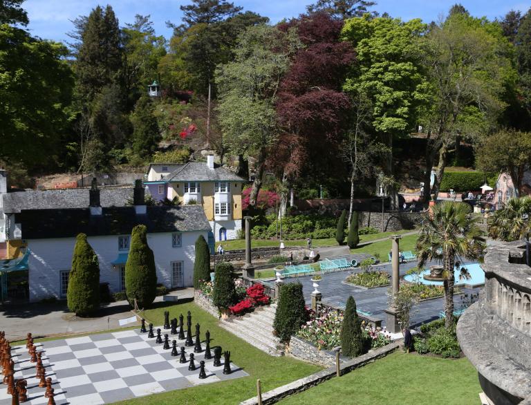 Giant chess set in Portmeirion garden