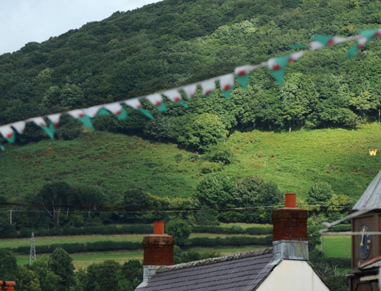 Welsh bunting and hills behind Abergavenny.