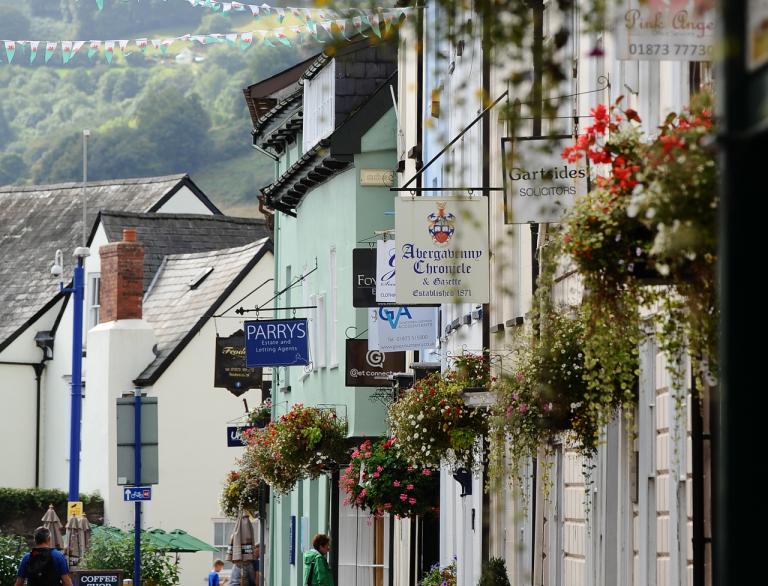 Colourful shops in Abergavenny, Monmouthshire.
