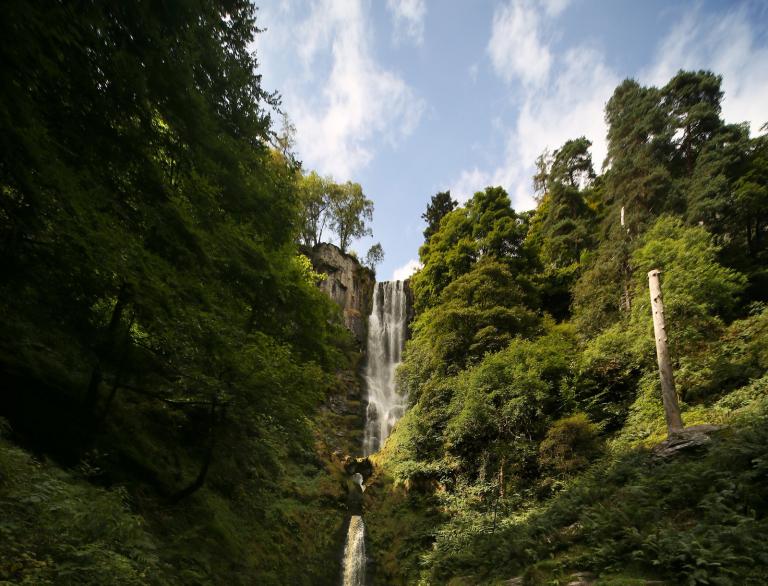 Image of Wales' tallest waterfall, surrounded by trees
