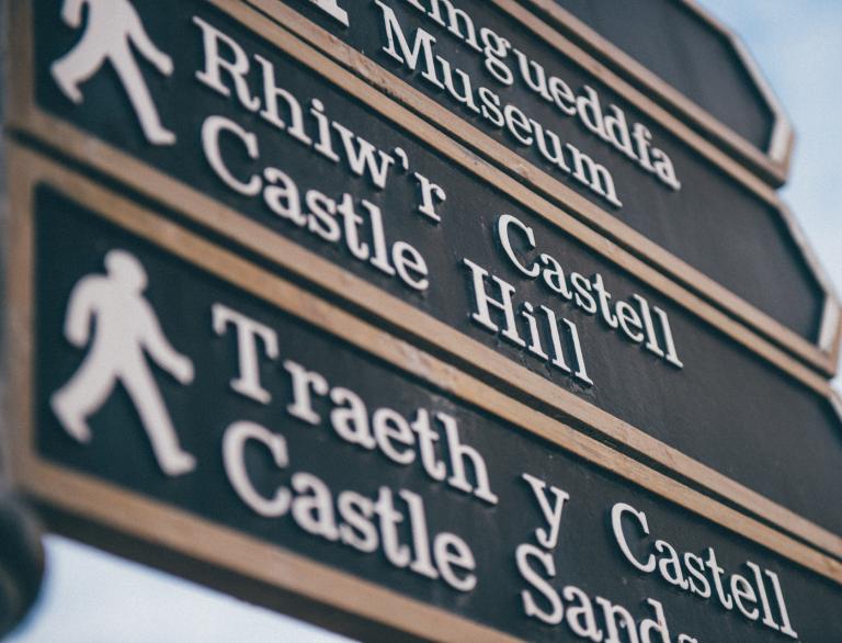Tenby signposts for the museum, Castle Hill and Castle Sands.