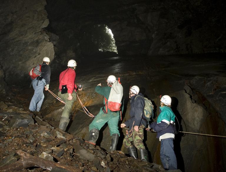 Personen mit Helmen die an einem Seil gesichert stehen und in einer Höhle hinauf zu einem Lichtschacht schauen.