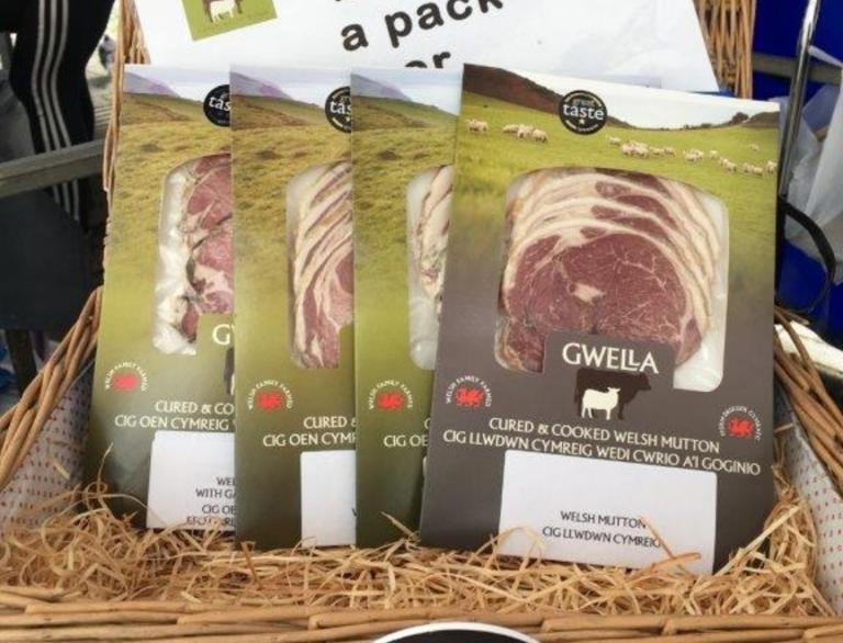 Packets of Welsh mutton in hamper