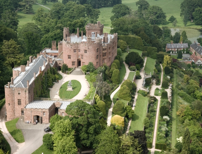 aerial view of castle and surrounding countryside.