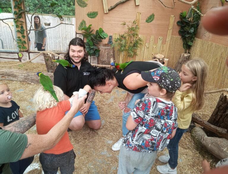 group of children and adults with Lorikeets in Lorikeet walkthrough.