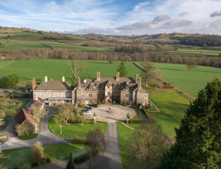 aerial view of country hotel.