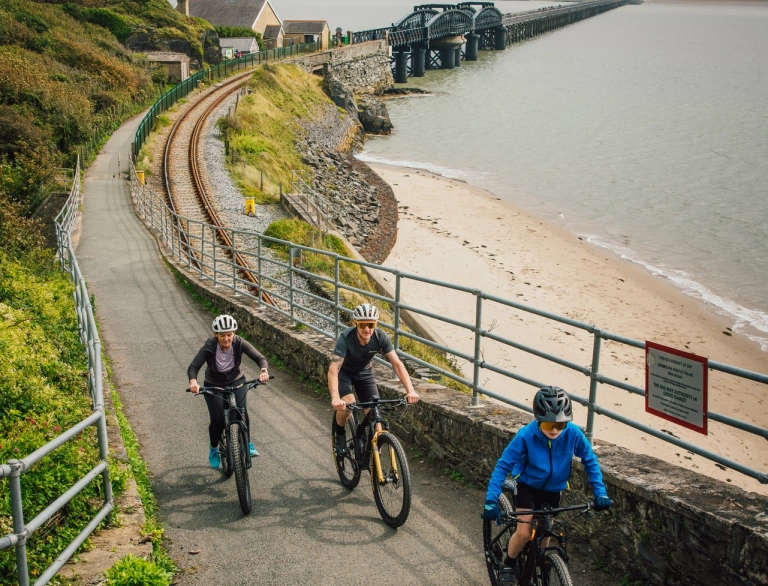 family of three on bikes on trail climbing uphill.