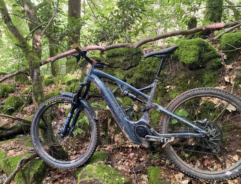 Ein Mountain-E-Bike lehnt an bemoosten Felsen.