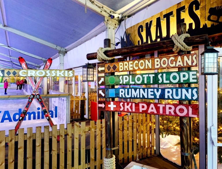 lit up signs and ornamental ice hockey sign.