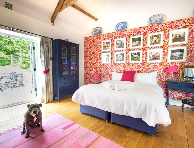 Bright, colourful bedroom with floral wallpaper, blue furniture and a white bed, with a dog sitting on a pink rug and patio doors open to a garden terrace.