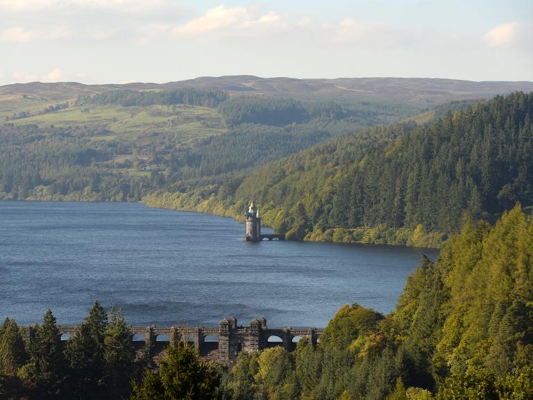 Lake Vyrnwy reservoir from above with surrounding woodland