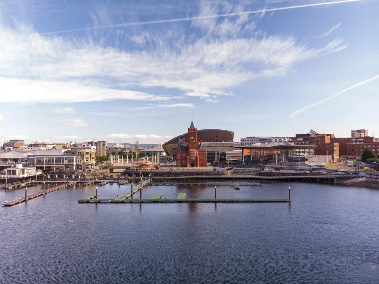 Cardiff Bay showing buildings along the quayside.
