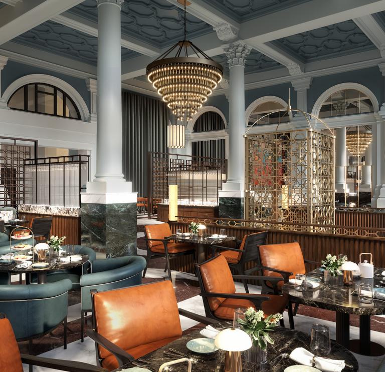 Computergeneriertes Bild des Restaurants und der Bar eines neuen Luxushotels.