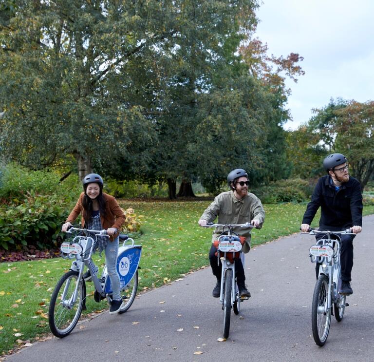 Three people on bicycles, cycling through a park.