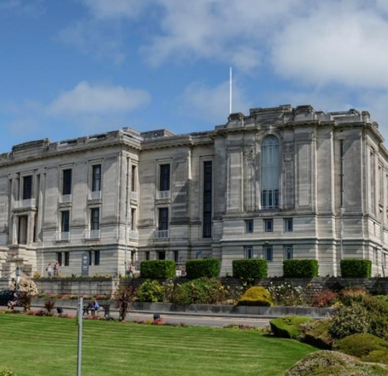 The grand exterior of The National Library of Wales.